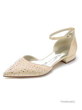 Satin Pointed Toe Bridal Flats with Crystal Chain